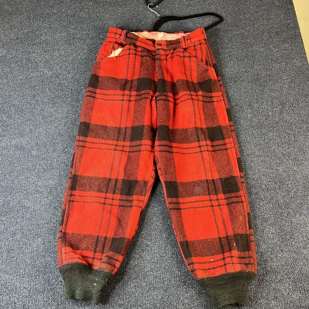 Vintage Wool Hunting Pants Mens Medium Red Black Plaid Cuffed Lined Outdoors